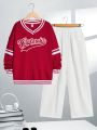 SHEIN Kids EVRYDAY Boy'S Casual V-Neck Sweatshirt With Printed Letters And Straight Woven Trousers, 2-Piece Set