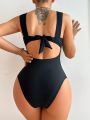 SHEIN DD+ Women's One-Piece Swimsuit With Mesh Detailing And Interwoven Straps