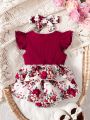 Baby Girls' Flower And Patchwork Print Romper With Ruffle Hem