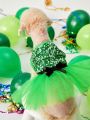 PETSIN St. Patrick's Day Green Sequin Printed Mesh Pet Tutu Dress, Cute Princess Skirt With Bow
