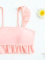 Tween Girls' Ruffled Floral Printed Swimsuit With Swim Cap