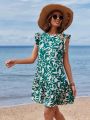SHEIN VCAY Leaf Print Ruffle Hem Dress