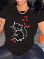 Plus Size Women'S Cat Heart Print Right Shoulder Short Sleeve T-Shirt
