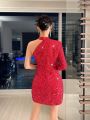 SHEINNeu New Chinese Style Hollow Out Asymmetric Neckline Sequin Dress