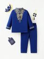 Baby Boy 2pcs/Set Spring Summer Outfits, With Printed Top And Solid Color Pants, Suitable For Holidays, Cute, Elegant, And Casual