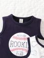Infant Boys' 3pcs/Set Casual Sporty Baseball Printed Vest Jumpsuit For Summer