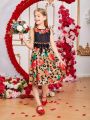 SHEIN Kids HYPEME Tween Girls' Elegant Leopard Print & Rose Patchwork Printed Dress With Belt