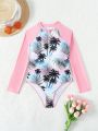Teen Girls' Pink Palm Tree Print One-Piece Swimsuit With Patchwork Design