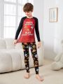 SHEIN Tween Boys' Slim Fit Casual Hamburger Print T-shirt And Long Pants Homewear Set