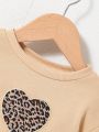 SHEIN Baby Girls' Leopard Print Love Heart Pattern Oversized Sweatshirt