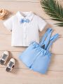 Baby Boy'S Cute Bow Tie Short Sleeve Shirt And Suspender Shorts For Summer