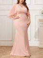 SHEIN Belle Plus Size Women'S Bridesmaid Dress With Cape Sleeves, Embroidered Floral Decoration, V-Neckline, Fish Tail Design And Chiffon Material