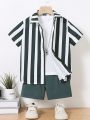 SHEIN Kids SUNSHNE Toddler Boys' Comfortable Striped Short Sleeve Shirt And Solid Color Shorts Set