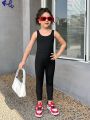SHEIN Kids Y2Kool Young Girls' Sleek And Cool Knit Solid Color Jumpsuit With Sports Vest Design, Spring/Summer