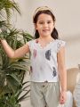 SHEIN Kids SUNSHNE Young Girl'S Feather Print Irregular Collar Loose Casual Blouse