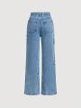 SHEIN Tween Girls' High Waisted Straight Leg Jeans With Star Pattern And Frayed Hem, Casual And Comfortable