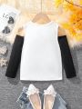 SHEIN Kids FANZEY Little Girls' Black And White Splicing Bowknot Decor Long Sleeve T-Shirt