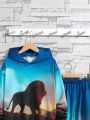 SHEIN Tween Boys' Casual Animal Printed Hooded Sweatshirt And Drawstring Knitted Pants Set