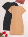 Teen Girls' Solid Color Slim Fit Ribbed Short Sleeve Bodycon Dress