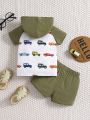 Baby Boy Contrast Color Car Printed Hoodie And Shorts Set