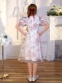 SHEIN Kids CHARMNG Tween Girls' Floral Print Organza Dress With Round Neckline, Layered Ruffle Sleeves