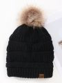 Morgan Mondays Co Winter Warmth Knitted Beanie Hat With Fur Ball, Lining And Label Decoration