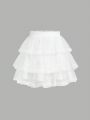 SHEIN Kids CHARMNG Tween Girls' Multilayer Mesh Lace Skirt With Floral Hem