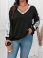 SHEIN Essnce Plus Size Women's Sequin Patchwork V-neck Sweatshirt