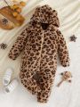SHEIN Baby Leopard Pattern 3D Ear Design Hooded Flannel Jumpsuit