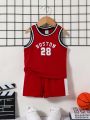 SHEIN Baby Boy's Casual Sports Basketball Vest And Shorts Set With Letter Print