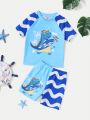 SHEIN Baby Boy Cute Cartoon Pattern Color Block Short-Sleeved Top And Shorts Swimwear Set