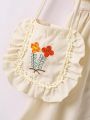 SHEIN Kids Nujoom Toddler Girls' Embroidered Floral Pattern Asymmetrical Ruffle Hem Dress With Flower Mini Bag