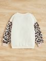 SHEIN Toddler Girls' Leopard Print Raglan Sleeve Sweatshirt With Heart Pattern