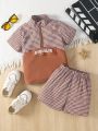 SHEIN Kids KDOMO 2pcs/Set Young Boys' Fashionable Plaid Short Sleeve Top And Shorts For Summer