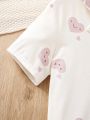SHEIN Tween Girls' Knitted Heart Patterned Open Neck Loose-Fit Shirt And Knitted Loose Shorts Homewear Set