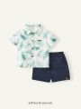 Cozy Cub Baby Boy Botanical Patterned Collared Button-Up Shirt With Badge Detail And Casual Shorts Set