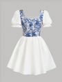SHEIN Female Teenagers Woven Spliced Floral Pattern Fake Two Piece Puff Sleeve Dress
