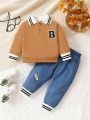 Autumn Baby Boy'S Fashionable Two-Piece Set With Turn-Down Collar Polo Shirt And Jeans