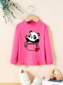 Young Girls' Casual Panda Cartoon Print Simple Round Neck T-Shirt, Suitable For Spring And Autumn
