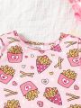 SHEIN Baby Girls' Cute Cartoon Fries & Burger Pattern Tight-Fitting Homewear Set