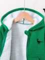Boys' Casual Dinosaur Embroidery Hooded Zipper Long Sleeve Fleece Sweatshirt, Windproof & Comfortable, With Geometric Pattern Cloth, For Autumn And Winter