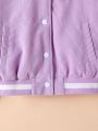 SHEIN Kids FANZEY Tween Girl Letter Patched Fuzzy Trim Hooded Thermal Jacket