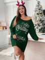 SHEIN Essnce Plus Size Women's Loose Fit Long Sleeve Dress With Slogan Print And Drop Shoulder Design