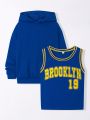 SHEIN Kids Cooltwn Boys' Loose Fit Hooded Sweatshirt & Knitted Vest Combo With Letter Printed Colorblock Design, For Casual Wear