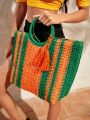 SHEIN VCAY Tassel Women's Tote Bag Simple And Fashionable Multifunctional Large Capacity Woven Bag,Straw Bag,Perfect For Summer Beach Travel Vacation,For Outdoor,Holiday