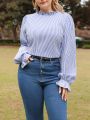 SHEIN Frenchy Plus Size Women's Vertical Striped Ruffle Sleeve Shirt