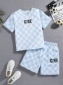 SHEIN Kids Cooltwn Toddler Boys' Comfortable Plaid Ribbed Collar Short Sleeve Top And Shorts Set For Casual Wear