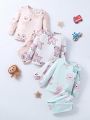 Baby Boys' Cartoon Animal Pattern Comfy Stretchy Long Sleeve Top And Pants 3pcs/Set Homewear