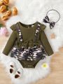 Baby Girls' Camouflage Ruffle Trimmed Romper With Bow Detail