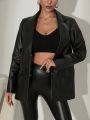 SHEIN BAE Lapel Neck Flap Pocket PU Leather Coat